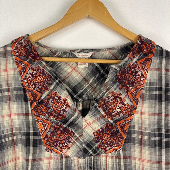 Sundance Black Orange Plaid Embroidered Long Sleeve Top V Neck Women's Large - Picture 5 of 10
